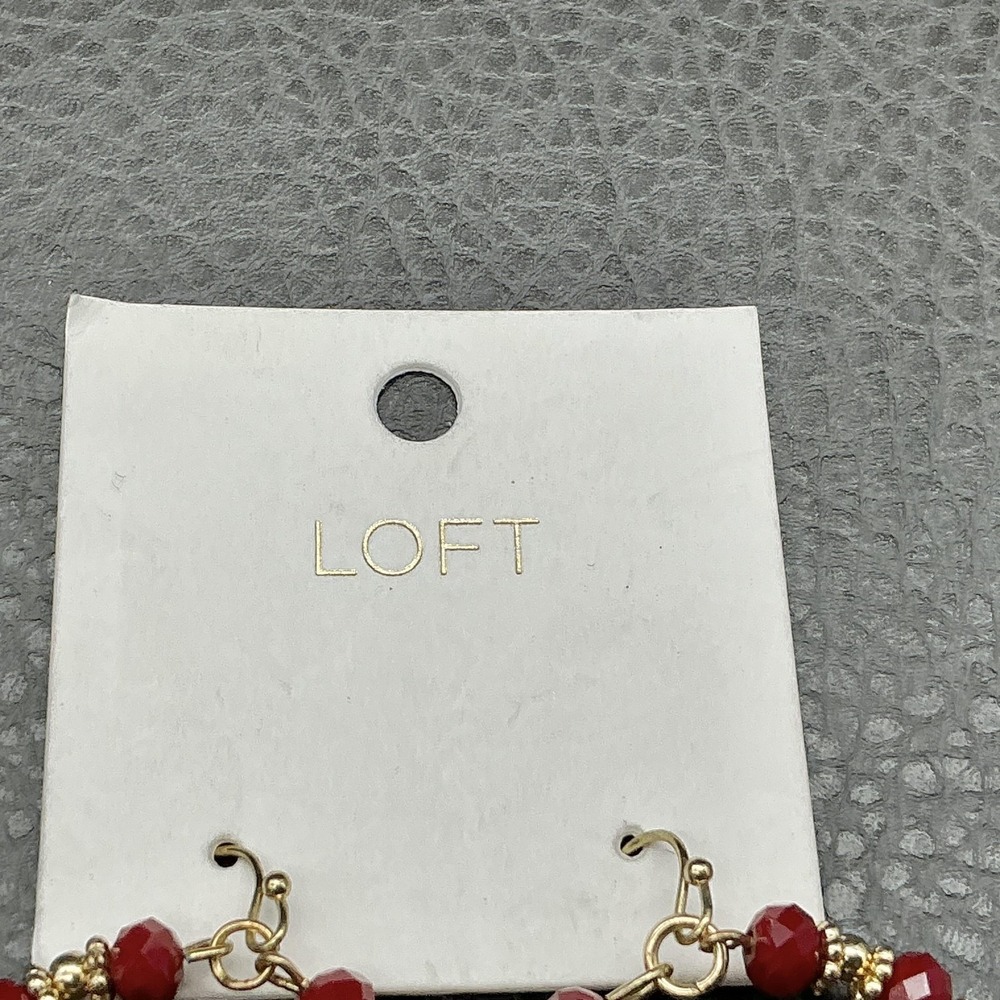 LOFT Earrings Red Beaded Hoop‎ Womens Gold Tone Pom Pom Dangle Jewelry Fashion - Picture 4 of 7